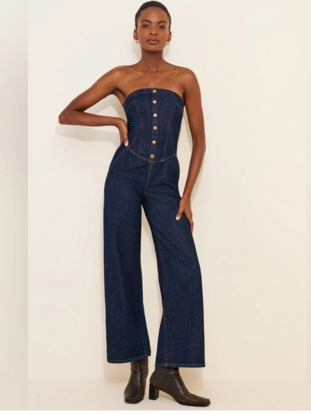 Pilcro by Anthropologie Strapless Dark Denim Corset Jumpsuit
